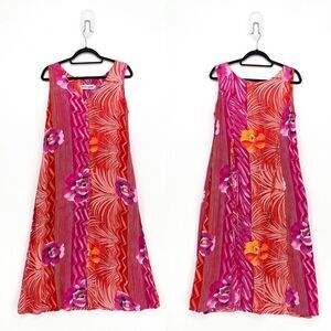 VTG Jams World Women S Dress Pink Red Hawaiian Aloha Floral Sleeveless FLAW